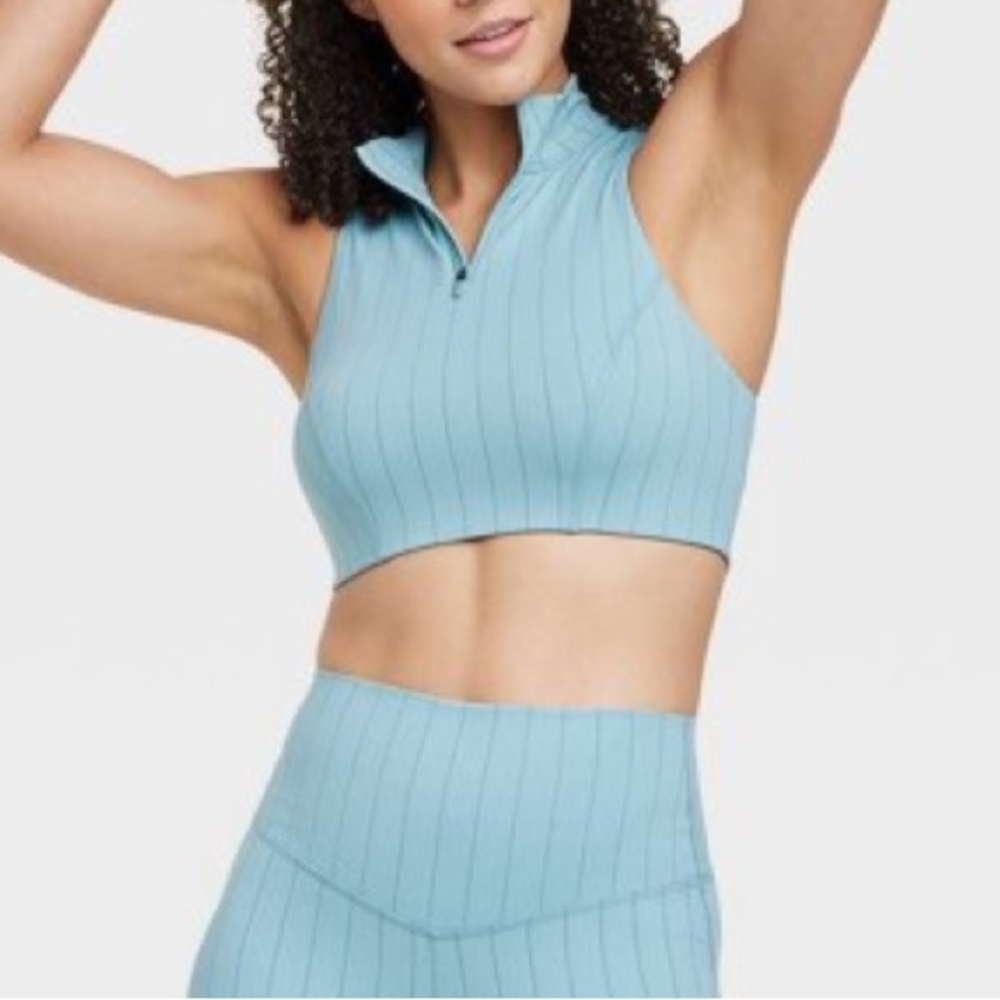 JOYLAB High Neck Zip-Up Bra Blue Size Large Tonal Stripes Pullover NWT Stretchy - Picture 2 of 3